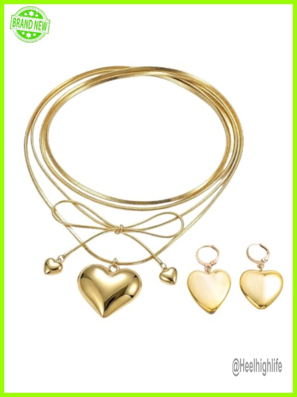 Gold Plated Chunky Heart Necklace & Earrings Set Huggie Hoops